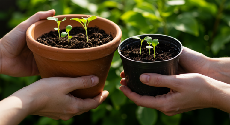 Comparação entre vaso de barro e vaso de plástico com plantas.