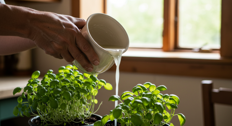 Água de cozimento do arroz sendo usada para regar plantas no jardim.