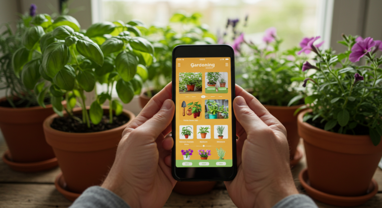 Pessoa usando aplicativo de jardinagem em smartphone para cuidar de plantas no jardim.
