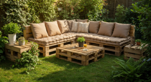 móveis de jardim feitos com pallets em área externa