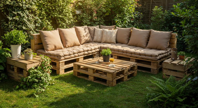móveis de jardim feitos com pallets em área externa