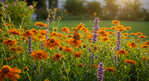 jardim de flores comestíveis vibrantes com abelhas e borboletas