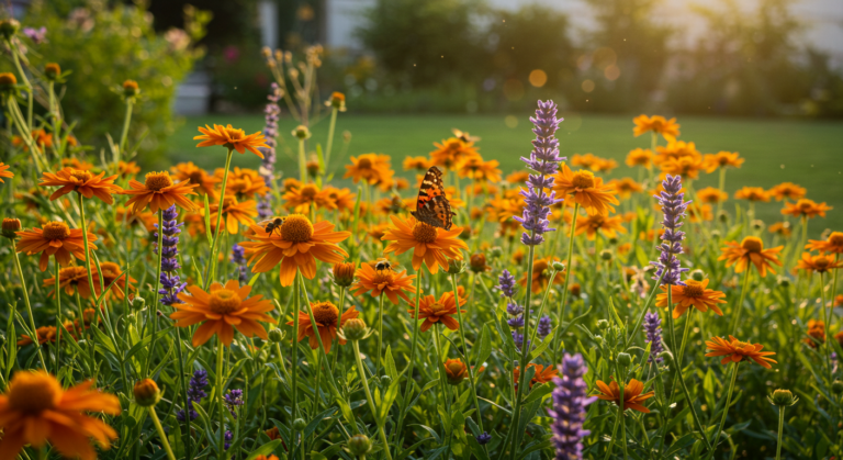 jardim de flores comestíveis vibrantes com abelhas e borboletas