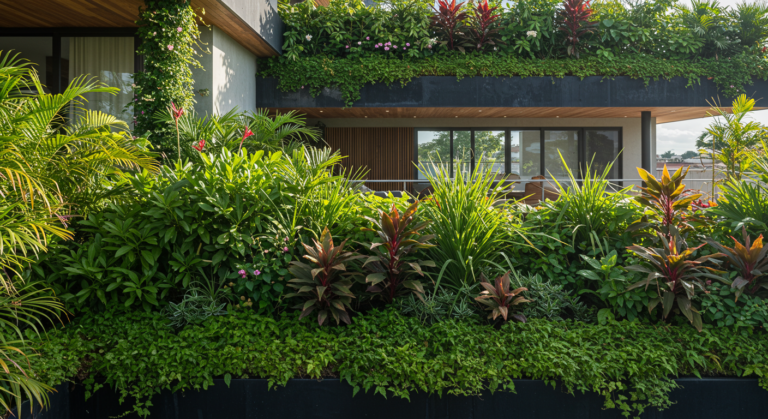 Vista aérea de um telhado verde em casa moderna no Brasil, coberto por vegetação.