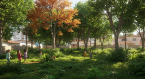Pequena floresta urbana em área pública cercada por prédios, com vegetação densa e árvores nativas.