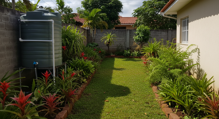 um quintal suburbano brasileiro com um sistema de coleta de água da chuva, canos visíveis do telhado para um tanque de água, ao lado de um jardim de chuva com plantas nativas e inundação leve, luz do dia,