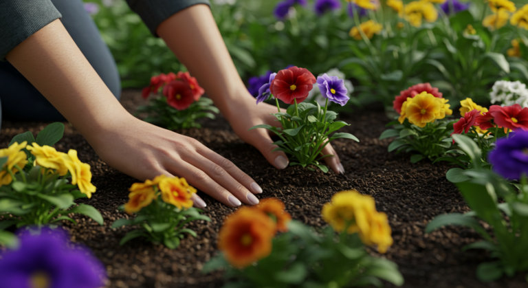 Mulher cuidando de um jardim florido durante a manhã, com ferramentas de jardinagem ao redor.