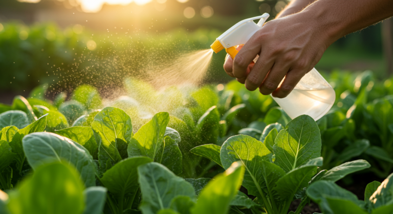 Jardim brasileiro com plantas e aplicação de receitas caseiras contra pragas.