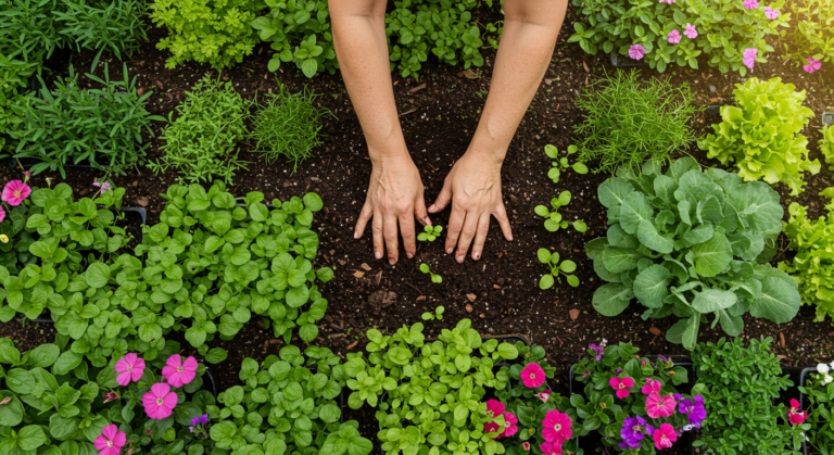 Mudas de plantas e flores sendo cultivadas em um jardim brasileiro durante o mês de setembro.