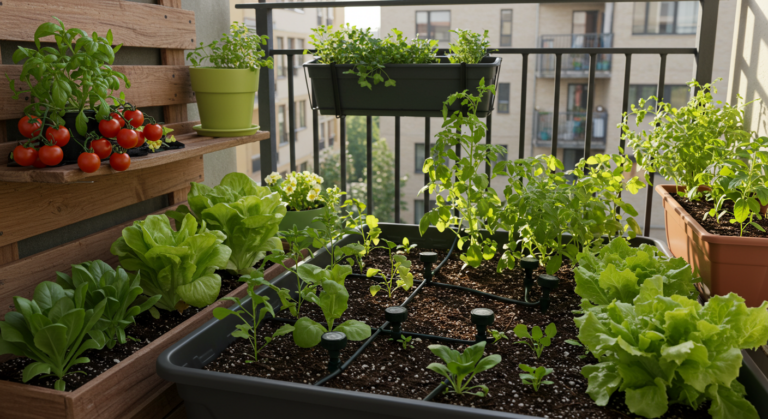 Horta caseira com sistema automático de irrigação.