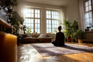 Pessoa meditando em uma sala tranquila com luz natural e plantas.