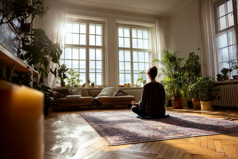 Pessoa meditando em uma sala tranquila com luz natural e plantas.