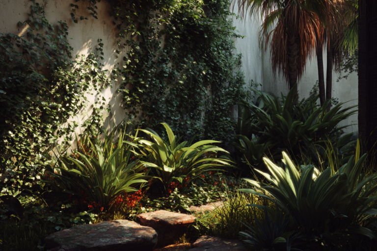 Jardim tropical com plantas que favorecem abrigo para escorpiões, como bromélias e palmeiras.