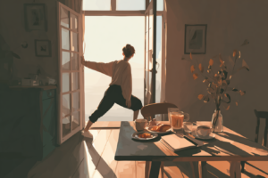 Pessoa praticando hábitos matinais saudáveis em casa, com luz do sol entrando pela janela.