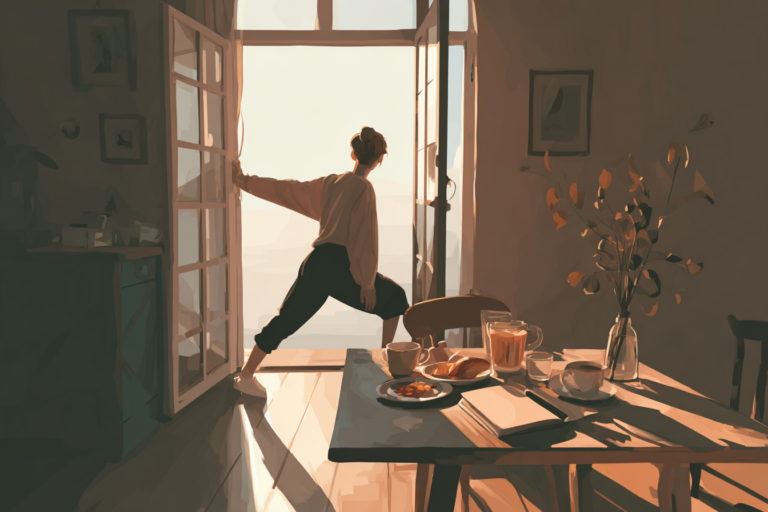 Pessoa praticando hábitos matinais saudáveis em casa, com luz do sol entrando pela janela.