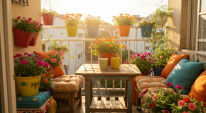 Varanda na primavera, florida com vasos coloridos e decoração aconchegante na primavera.