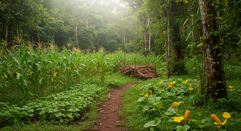 Agricultor indígena utilizando técnicas indígenas de cultivo na floresta amazônica.