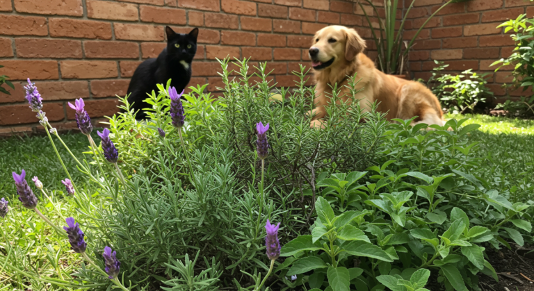 Plantas em vasos como citronela, lavanda e alecrim, com um cachorro e um gato ao lado.