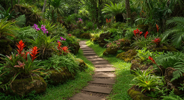 jardim tropical com espécies nativas brasileiras em harmonia com pedras e texturas naturais