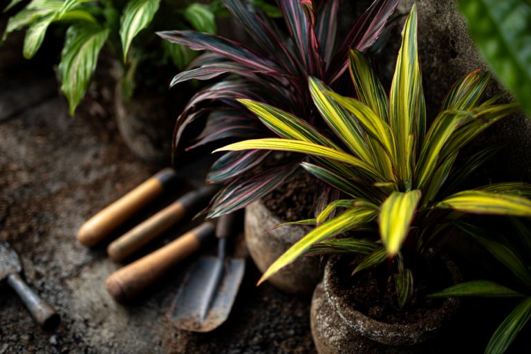 close de plantas com diferentes tonalidades de folhas em solo úmido, com instrumentos de jardinagem ao lado