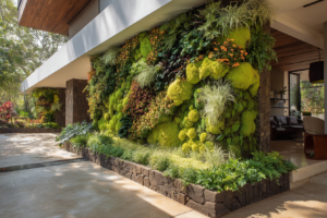 muro coberto por plantas verdes com diferentes texturas e flores, sob luz natural e ao lado de uma casa moderna