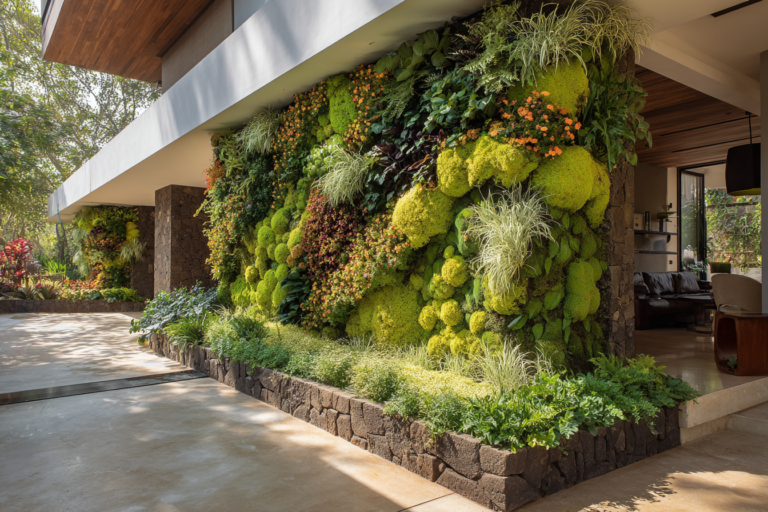 muro coberto por plantas verdes com diferentes texturas e flores, sob luz natural e ao lado de uma casa moderna