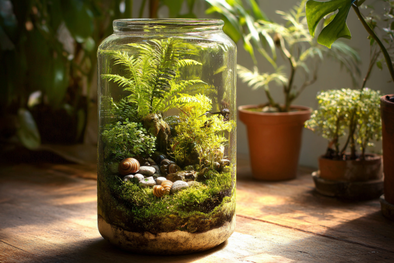 terrário de vidro com musgos, plantas pequenas e caracóis, sob luz natural suave, imagem fotorealista
