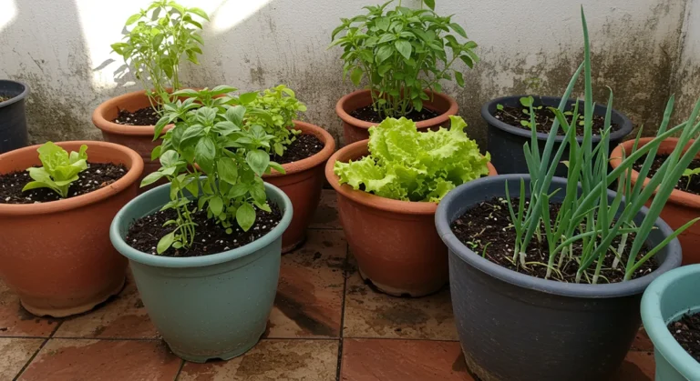 Horta caseira simples com vasos comuns, alface, manjericão e cebolinha em casa