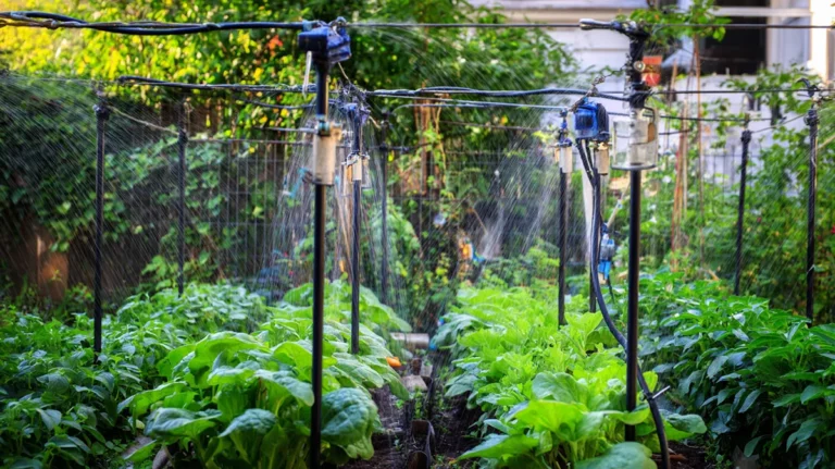 Horta doméstica com irrigação eficiente e uso consciente da água em ambiente residencial