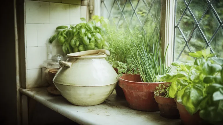 Horta de temperos frescos na janela da cozinha com manjericão, alecrim e cebolinha em vasos simples