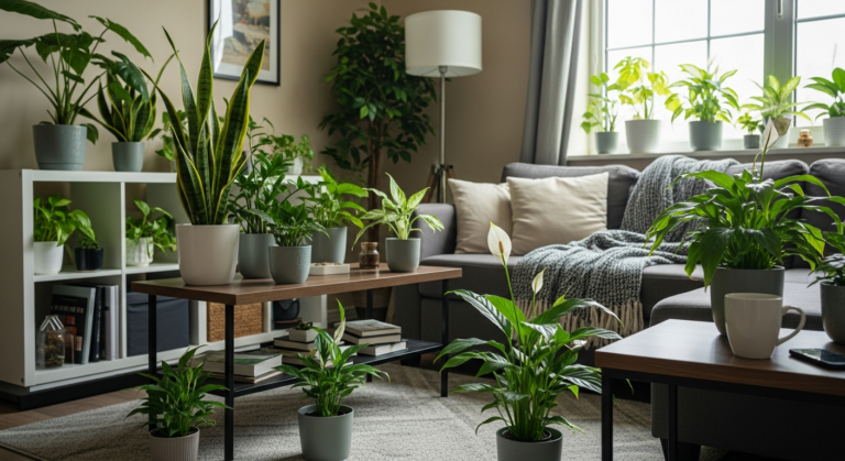 Plantas de interior adaptadas à sombra em sala com pouca luz natural