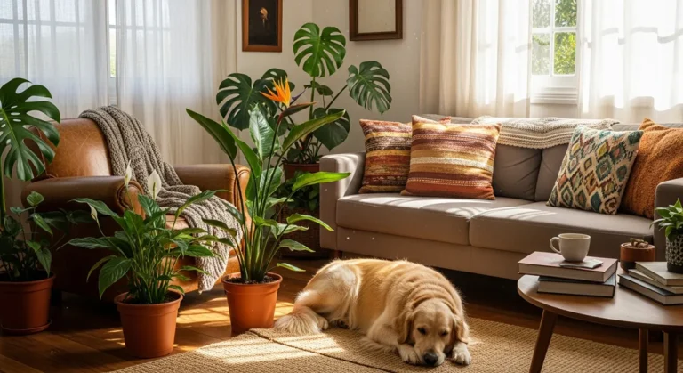 Sala com plantas não tóxicas e cachorro descansando com segurança