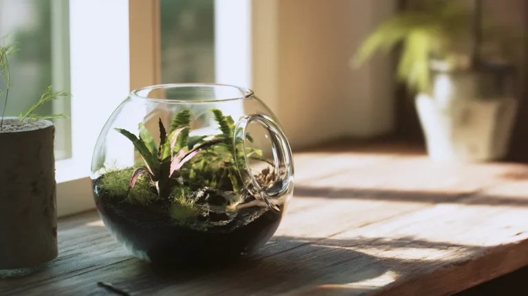 Terrário fechado com plantas tropicais sobre mesa de madeira em ambiente interno iluminado naturalmente